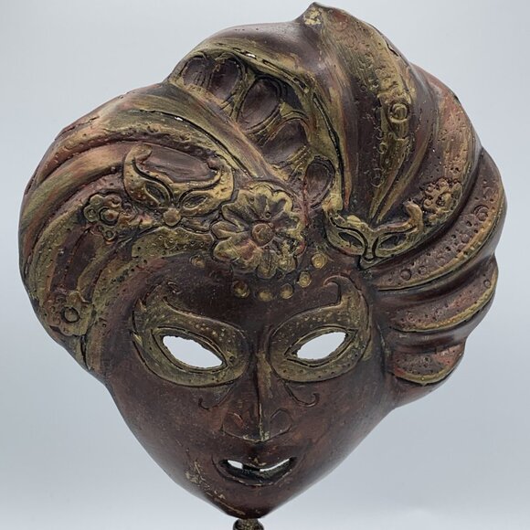Vintage Mardi Gras Theatrical Face Mask on Stand Copper Brass ‘Antique’ Finish - Picture 5 of 15